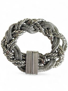 Vintage Silver Braided Multi Strand Magnetic Clasp Bracelet Mesh Chainmail Glam